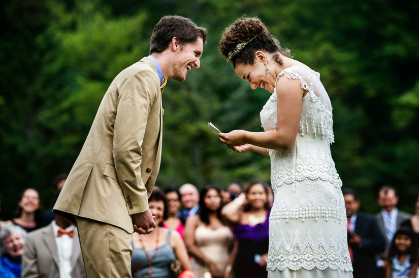 Vermont wedding photographers;fairlee vermont wedding;laughing during ceremony
