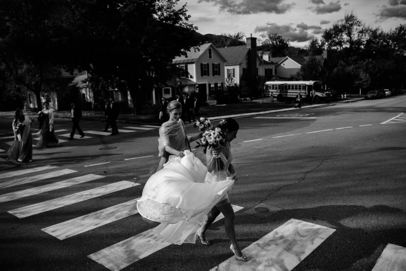 Hildene wedding;Manchester;Vermont wedding photographers;bride crossing street