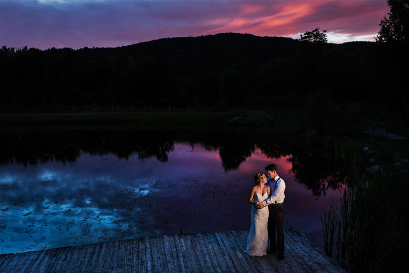 The Ponds at Bolton Valley wedding;Vermont wedding photographers;dusk wedding photo